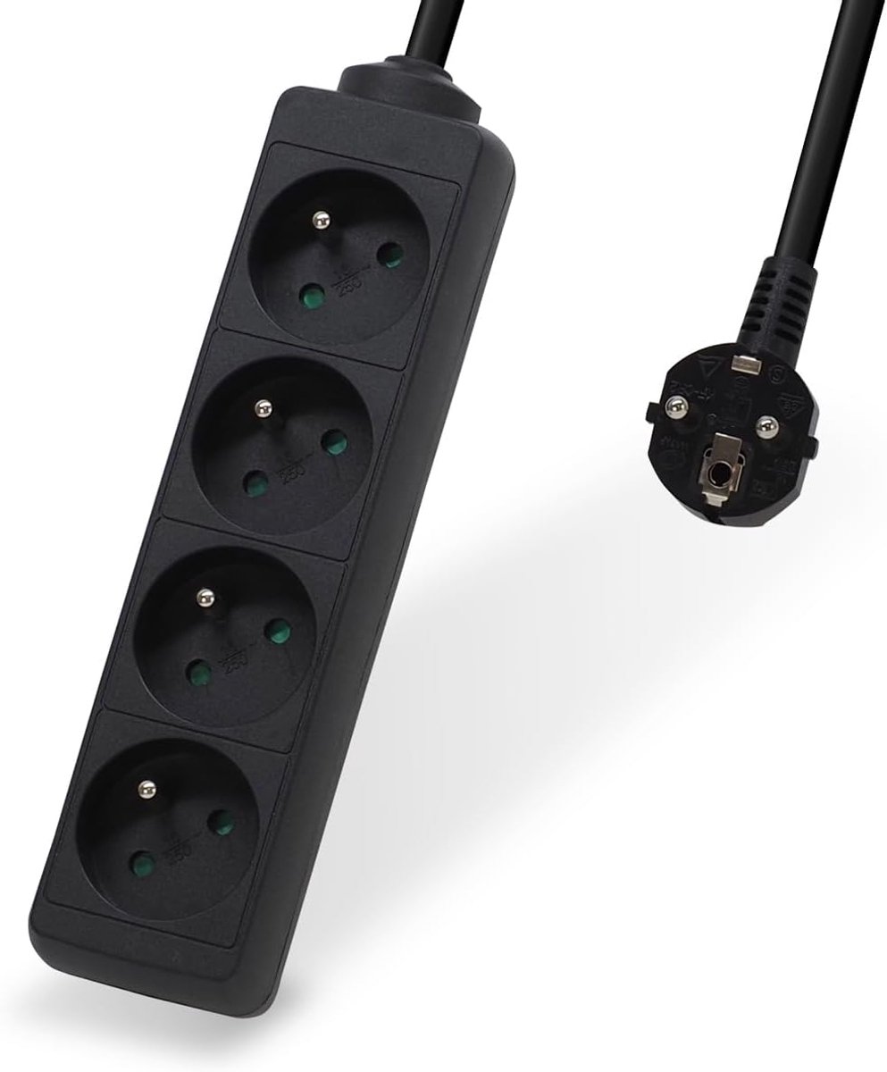 Thijox - Stekkerdoos met 4 Stopcontacten, 16A, 5m Kabel, Kinderbeveiliging, Zwart - Ideaal voor Thuis, Keuken, Camping, Feest en Meer