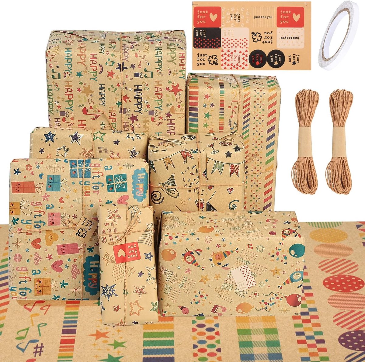 SnelShoppen - 7 Vellen Kraft Cadeaupapier Retro Verpakking 70 x 50 cm - Robuust Kraftpapier voor Verjaardagen, Feesten en Cadeaus