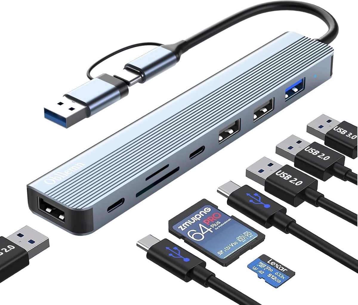 SnelShoppen - 8-in-2 USB C Hub - Multiport Adapter met 1 USB 3.0, 3 USB 2.0 Poorten, USB-C Power Adapter, SD/TF Kaartlezer - Voor MacBook, Galaxy, iPa