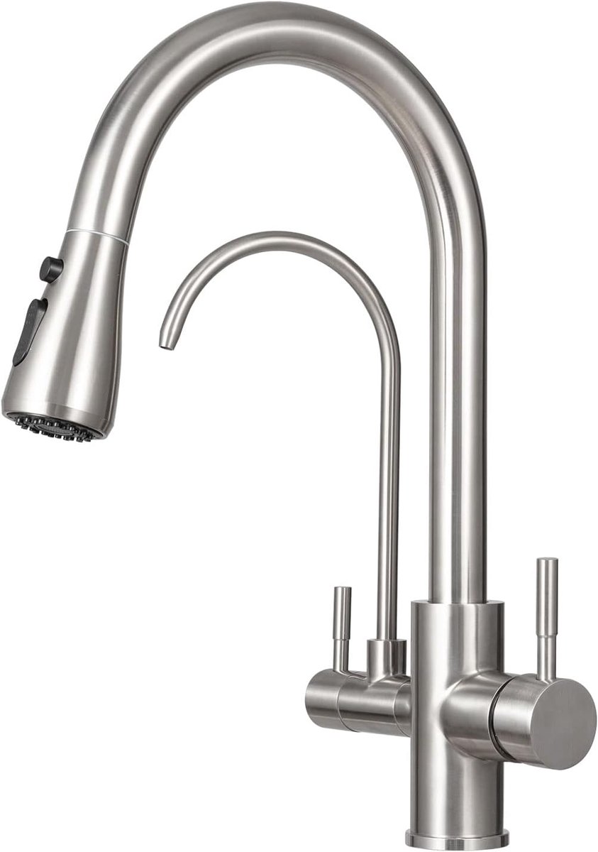 SnelShoppen - 3-Weg Keukenkraan RVS, 360° Draaibare Drinkwatertap met Uittrekbare Handdouche, 3 in 1 Mengkraan met Waterfilter, 2 Levers