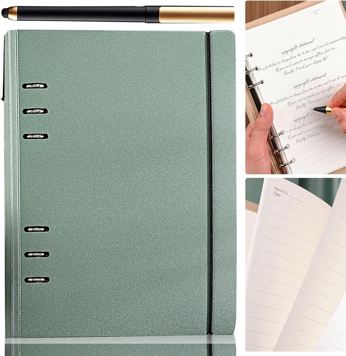 SnelShoppen - A5 Ring Binder, Herbruikbaar Notitieboek met 6 Gaten, 160 Dikke Pagina's, Hardcover, Dagboek met Pen, Elastische Sluiting, Groene Organi