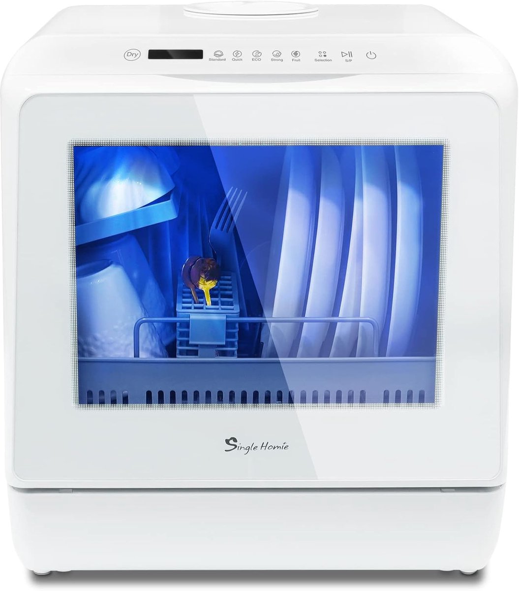 SnelShoppen - Mini Tafel Afwasmachine, Draagbaar, 5 Programma's, Twee Watervoorzieningen, Touch Control, LED Display, Fruitwassen, Wit