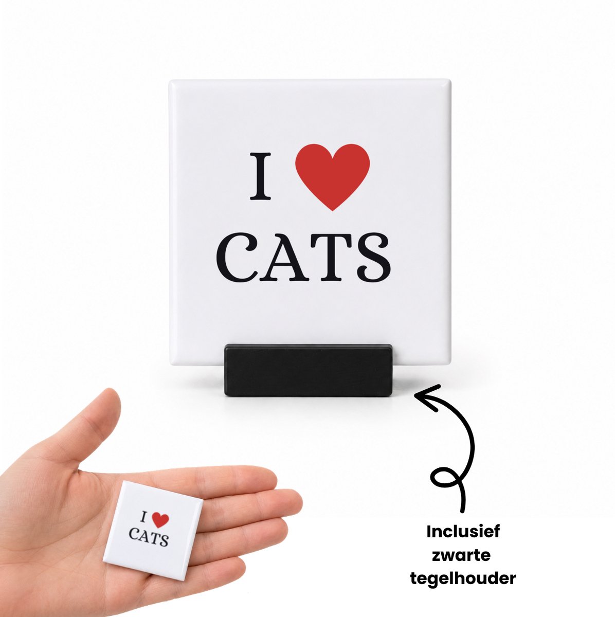 Hacebo I love cats tegeltje met tegelhouder - Katten - cadeau kattenliefhebber - tegeltjes met tekst - cadeau - cadeau poezen liefhebber - spreuktegels - 4.8x4.8 CM Wit