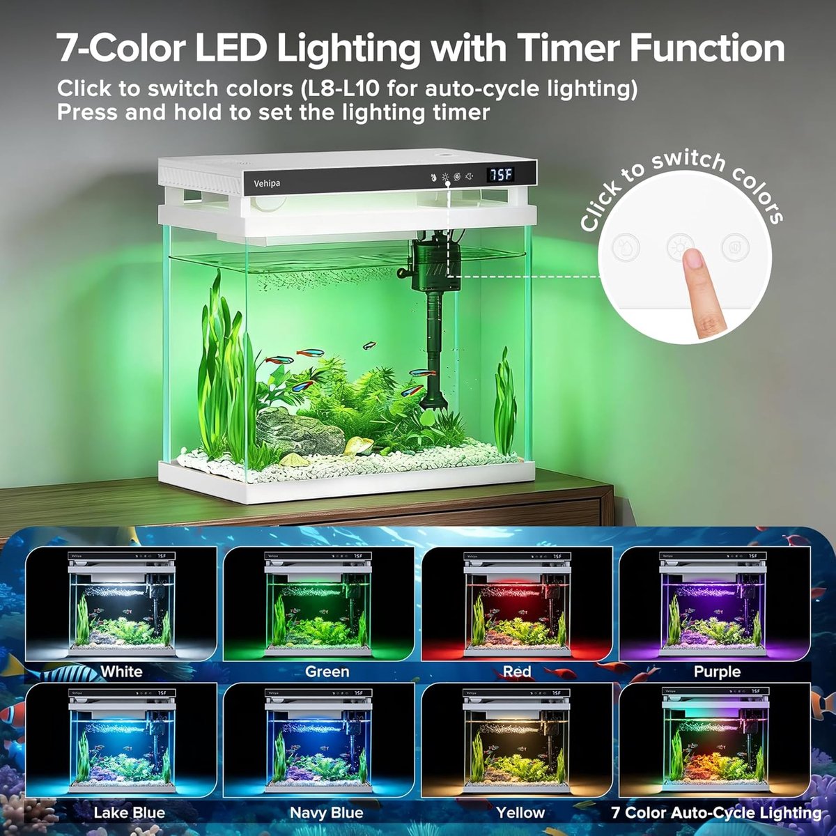 SnelShoppen - 8L Aquarium Set Wit - Complete Starterset met 7-Kleuren LED, Automatische Voerdispenser, Slimme Luchtbevochtiger, Temperatuurweergave en thumbnail 4
