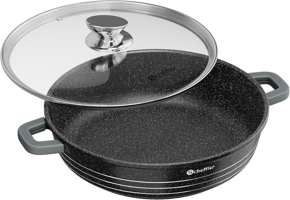 SnelShoppen - Inductie Kookpan 32x8 cm - Gietaluminium Stoofpan met Marmeren Antiaanbaklaag, Glazen Deksel en Siliconen Handvat - Ideaal voor Gezond K