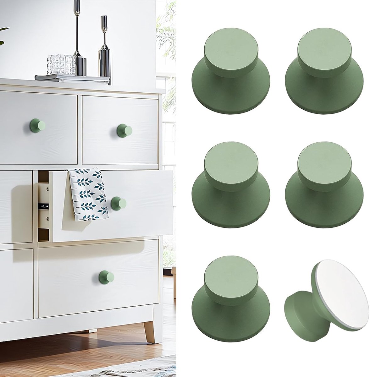 SnelShoppen - 6 Stuks Morandi Kleur Aluminium Zelfklevende Knoppen Grijs-Groen - Geen Boren Noodzakelijk - Modern en Duurzaam Voor Kasten, Lades en Me