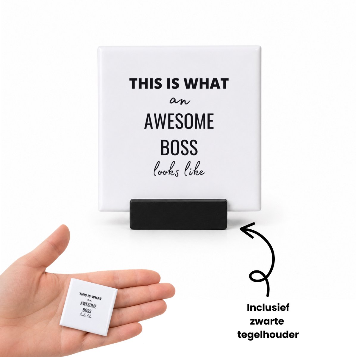 Hacebo this is what an awesome boss looks like tegeltje met tegelhouder - Collega - cadeau collega - tegeltjes met tekst - cadeau - cadeau werkgever - baas - spreuktegels - 4.8x4.8 CM Wit