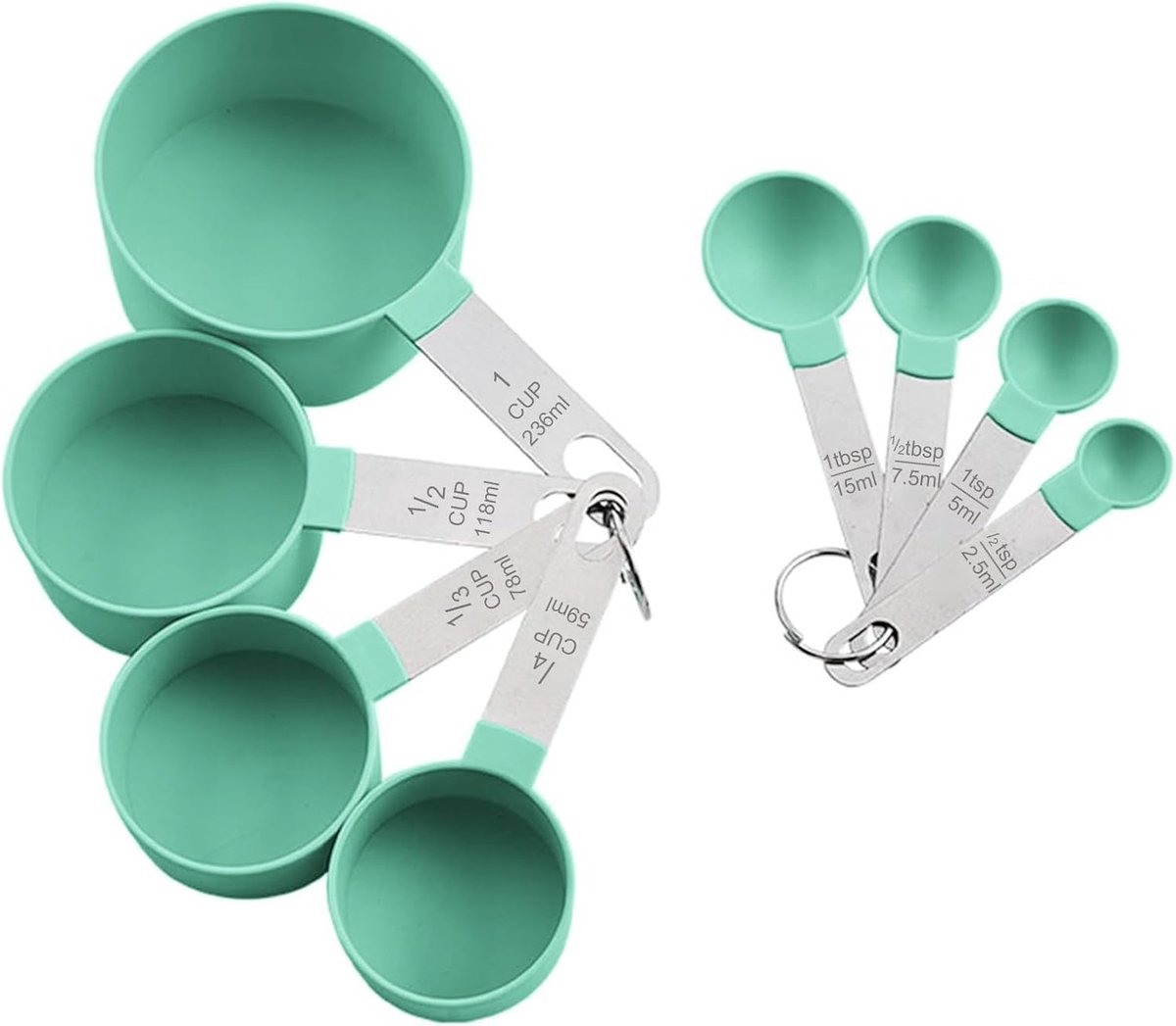 SnelShoppen - 8-delige Maatlepelset met 4 Maatbekers en RVS Handvatten, Perfect voor Keuken, Bakken en Koken - Plastic en RVS, Inclusief 1 Kop, 1/2 Ko