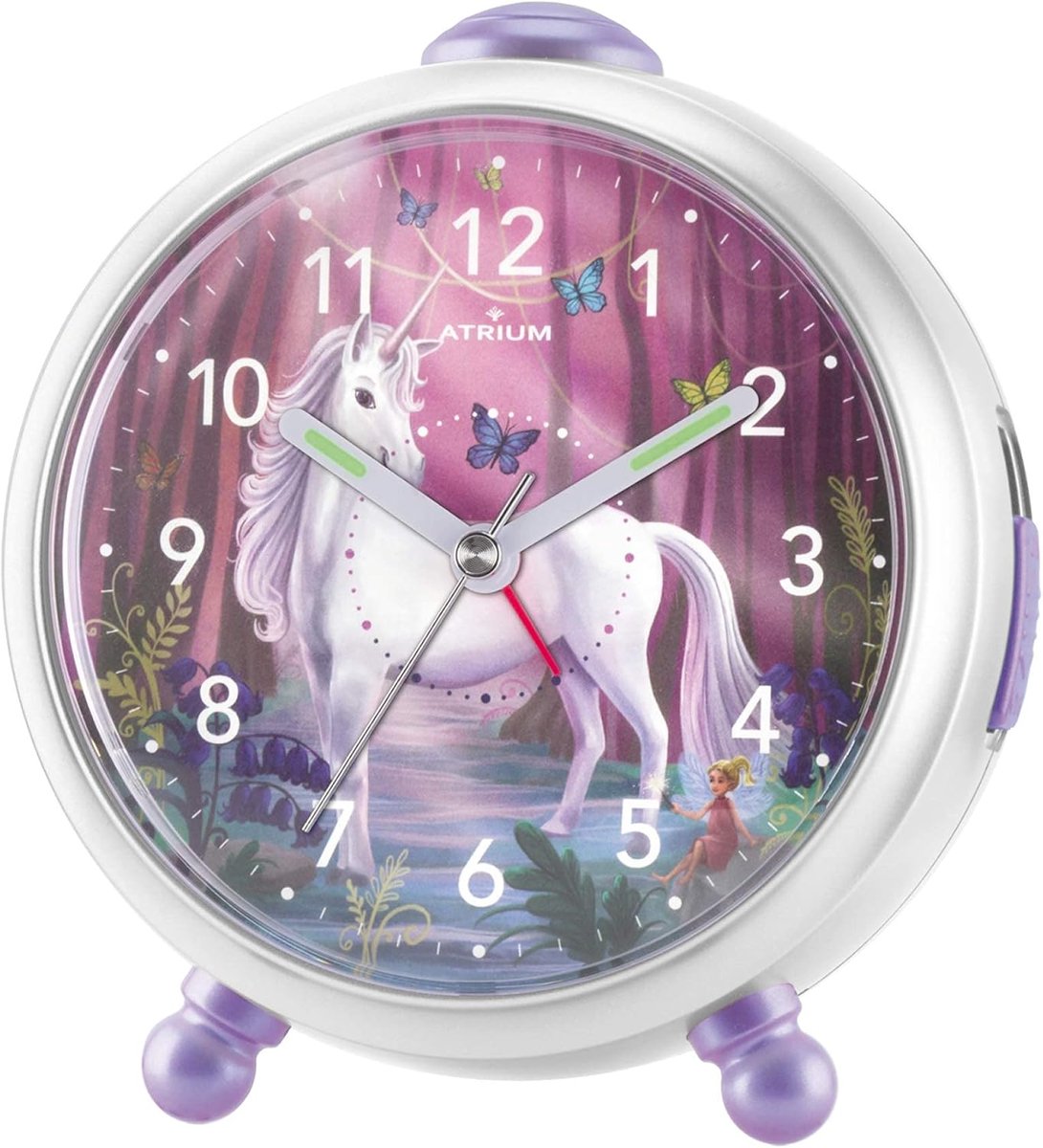 SnelShoppen - Kinderen Alarmklok met Eenhoorn Motief, Snooze Functie, Geluidloos, Analoge Quartz Klok, Glitterwit, 11.5x11x7cm