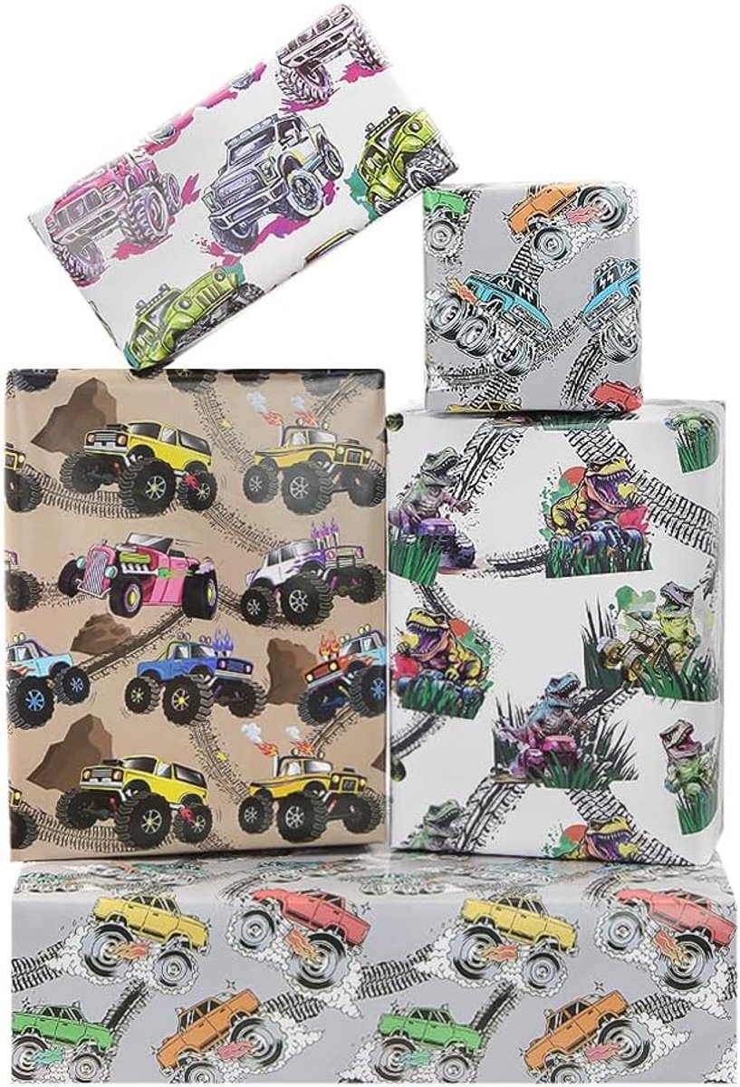 SnelShoppen - Monster Truck Inpakpapier voor Kinderen en Mannen, 8 Vellen 50x70 cm, Verjaardagscadeau, Racing Auto Thema, Feest, Baby Shower, Vakantie