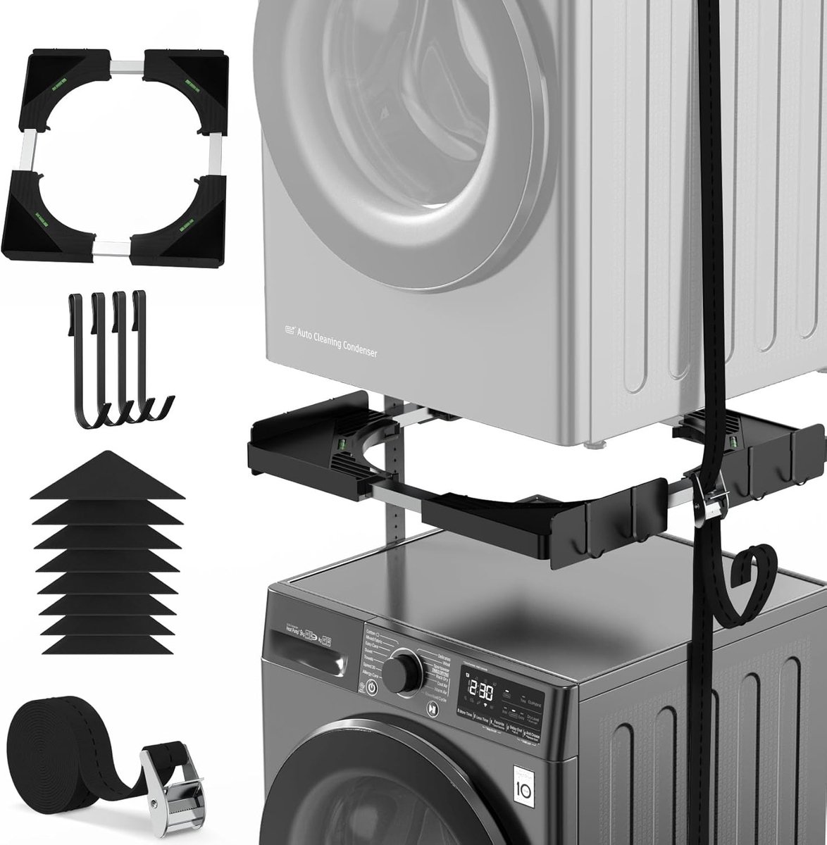 SnelShoppen - Ultra-dunne universele stapelset voor wasmachine en droger, diepteverstelling 45-68 cm, TÜV-goedgekeurd, zwart, ruimtebesparend, lage tr