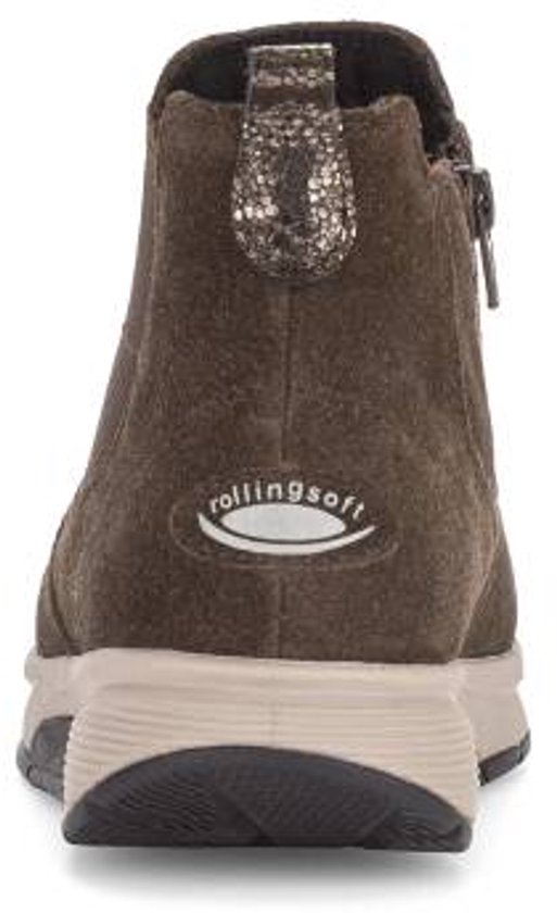 Bruin suède enkellaarsje met ritssluiting, beige zool en glitterdetail aan de achterkant.