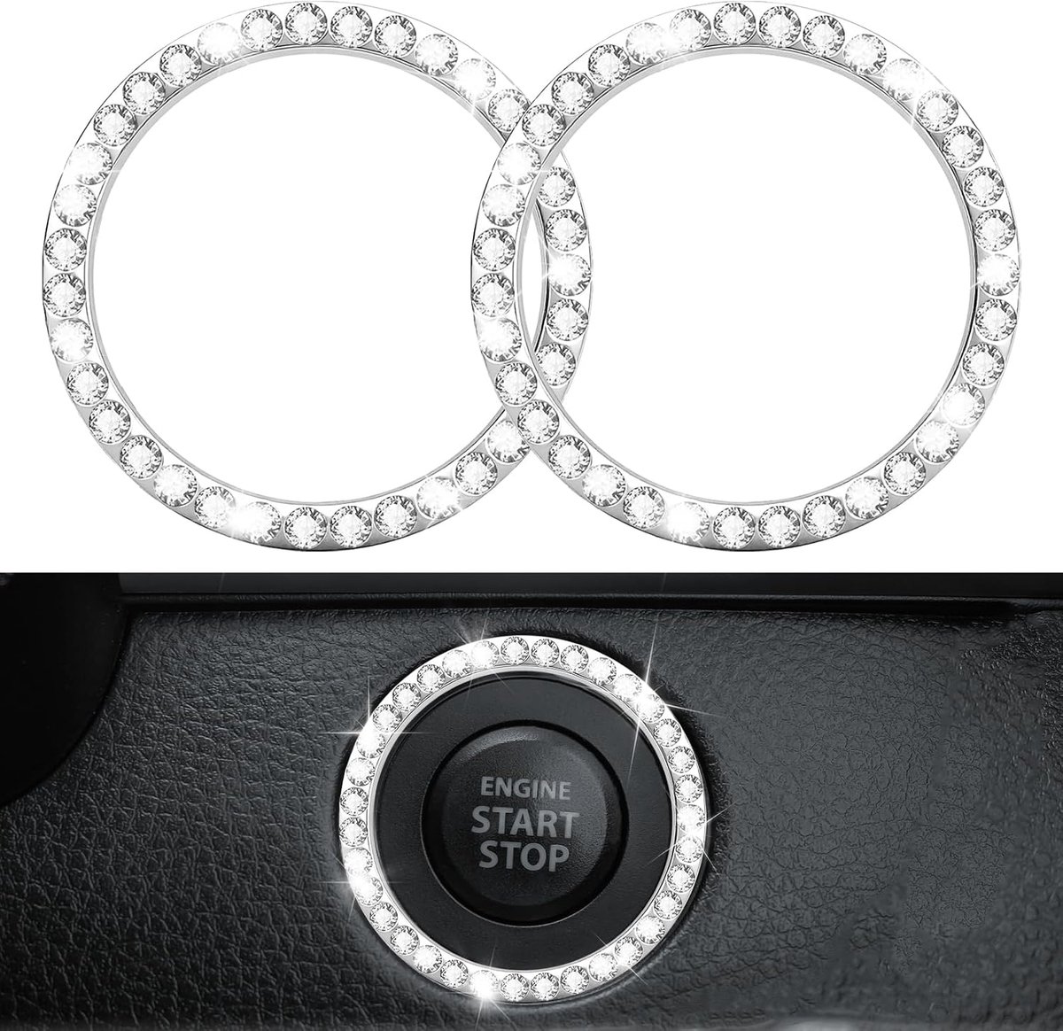 SnelShoppen - 2 Pcs Start Stop Knop Ring, Universele Crystal Rhinestone Auto Decoratie, Glitter Ring voor Auto Interieur, Auto Accessoires