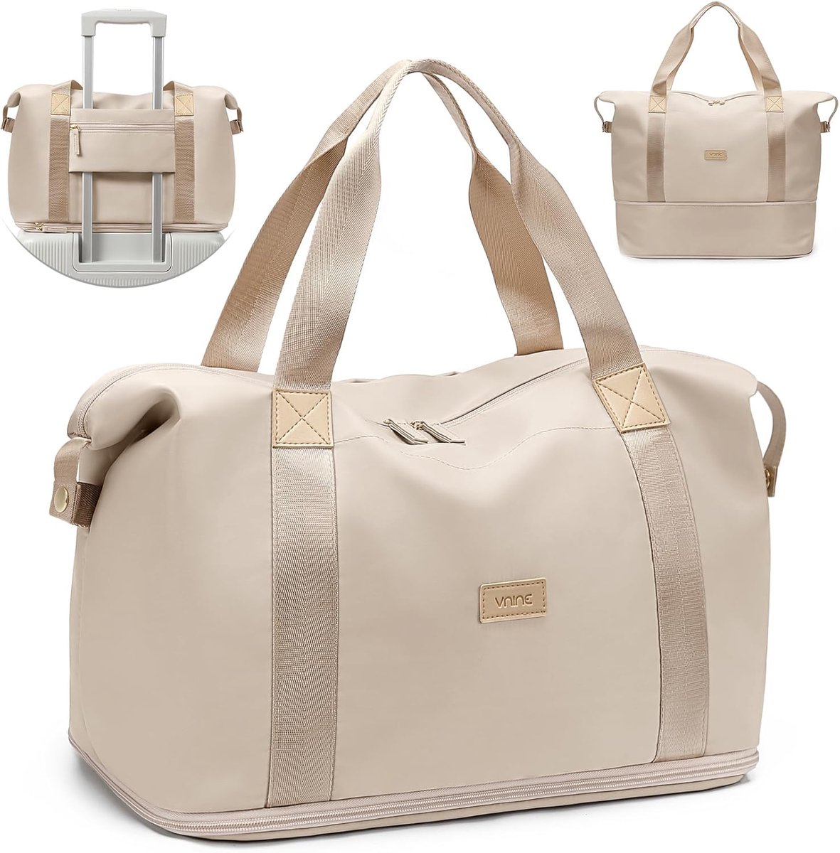 SnelShoppen - Uitbreidbare Reistas voor Vrouwen en Mannen, Sporttas, Ziekenhuisbezoek, Vliegtuig, Beige, Grote Reisbagage - 51.8L