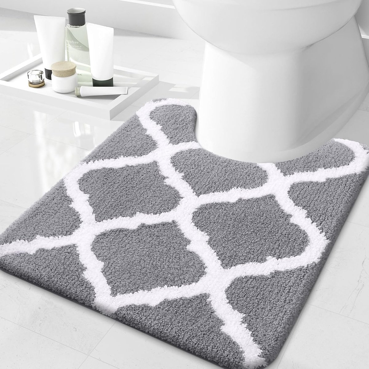 SnelShoppen - Non-Slip Toilet Mat 50x60 cm, Grijs, Wasbaar, Zachte Microfiber, Fluffy Toilet Rug met Uitsparing, Ultra Absorbent, Modern Geometric Des
