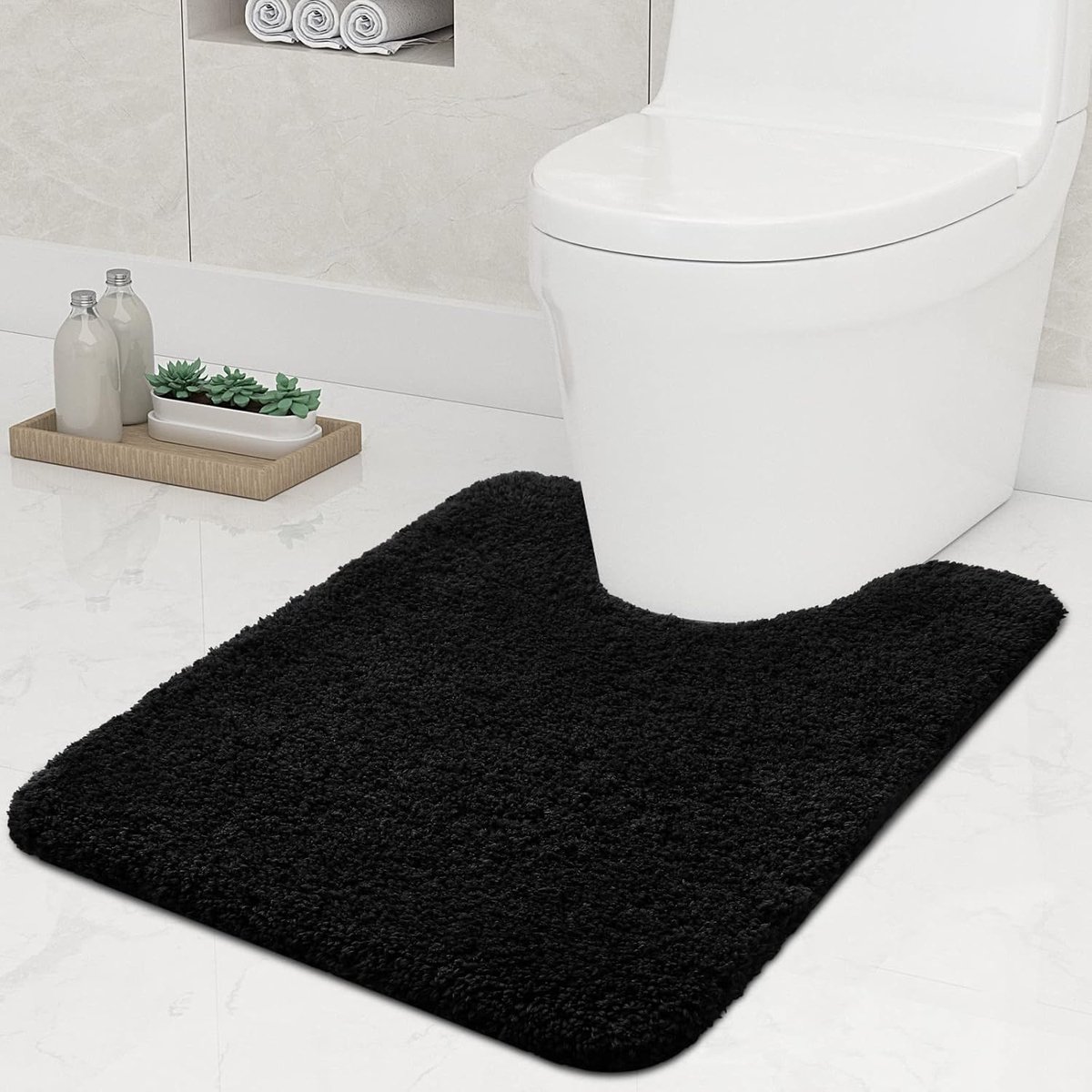 SnelShoppen - Non-Slip Soft Mat Toilet met Cutout 51 x 61 cm, Absorberende Badmat, Wasbare Toiletmat, Zachte Microvezel, Zwart, Ideaal voor Badkamer e