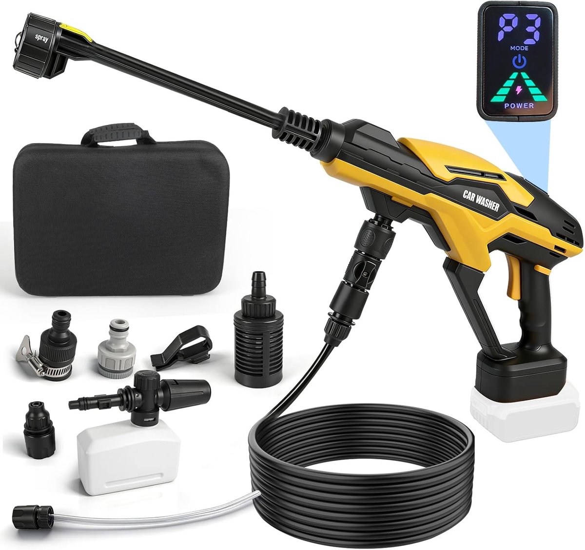 SnelShoppen - Accu Hogedrukreiniger 68 Bar, Draagbare 3-Zuiger Waterpomp, Compatibel met 18V 20V Accu, 6-in-1 Mondstuk, 3-Traps Verstelbaar Touchscree
