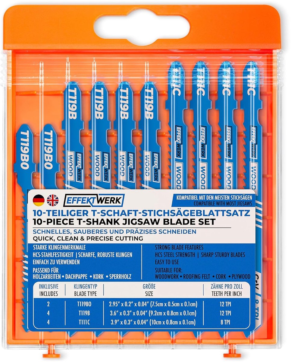 SnelShoppen - 10 delige Decoupeerzaagblad Set, Heavy Duty Carbide Decoupeerzaagbladen met Opbergdoos, T-Schaft Zaagbladen voor Hout, Precisie Snijden,