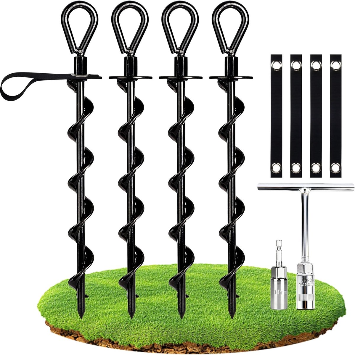 SnelShoppen - Sterke Heavy Duty Grondanker Set van 4, Volledige Schroef Grondankers met Verstelbare Riemen voor Tuin, Camping en Feesten