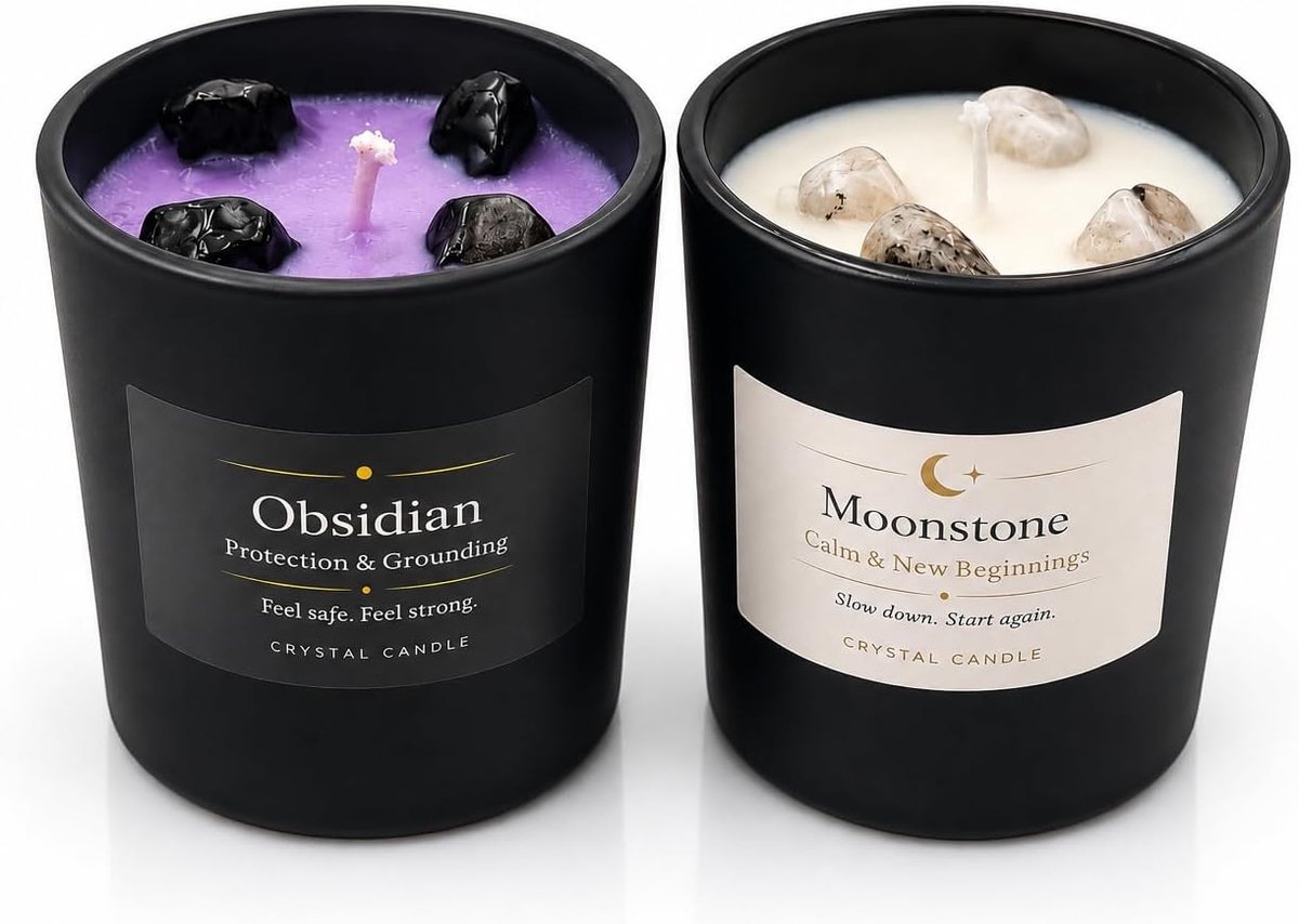 SnelShoppen - 2 Geurkaarsen van Sojawas met Maansteen en Natuurlijke Obsidiaan, Jasmijn en Lavendel Geur, Decoratieve Kaarsen voor Ontspanning, Medita