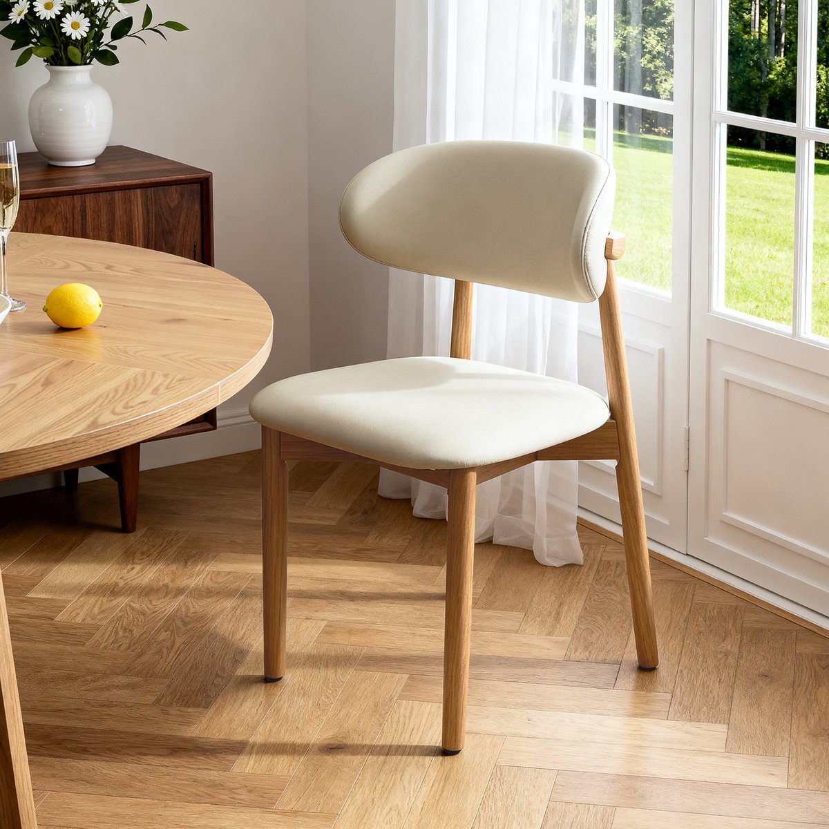 MEUNIQ Eetkamerstoel set van 2 met kunstleren zitting, ergonomische rugleuning, houten poten en antislip voetdoppen, 78 x 57 x 45 cm, walnoot Wit