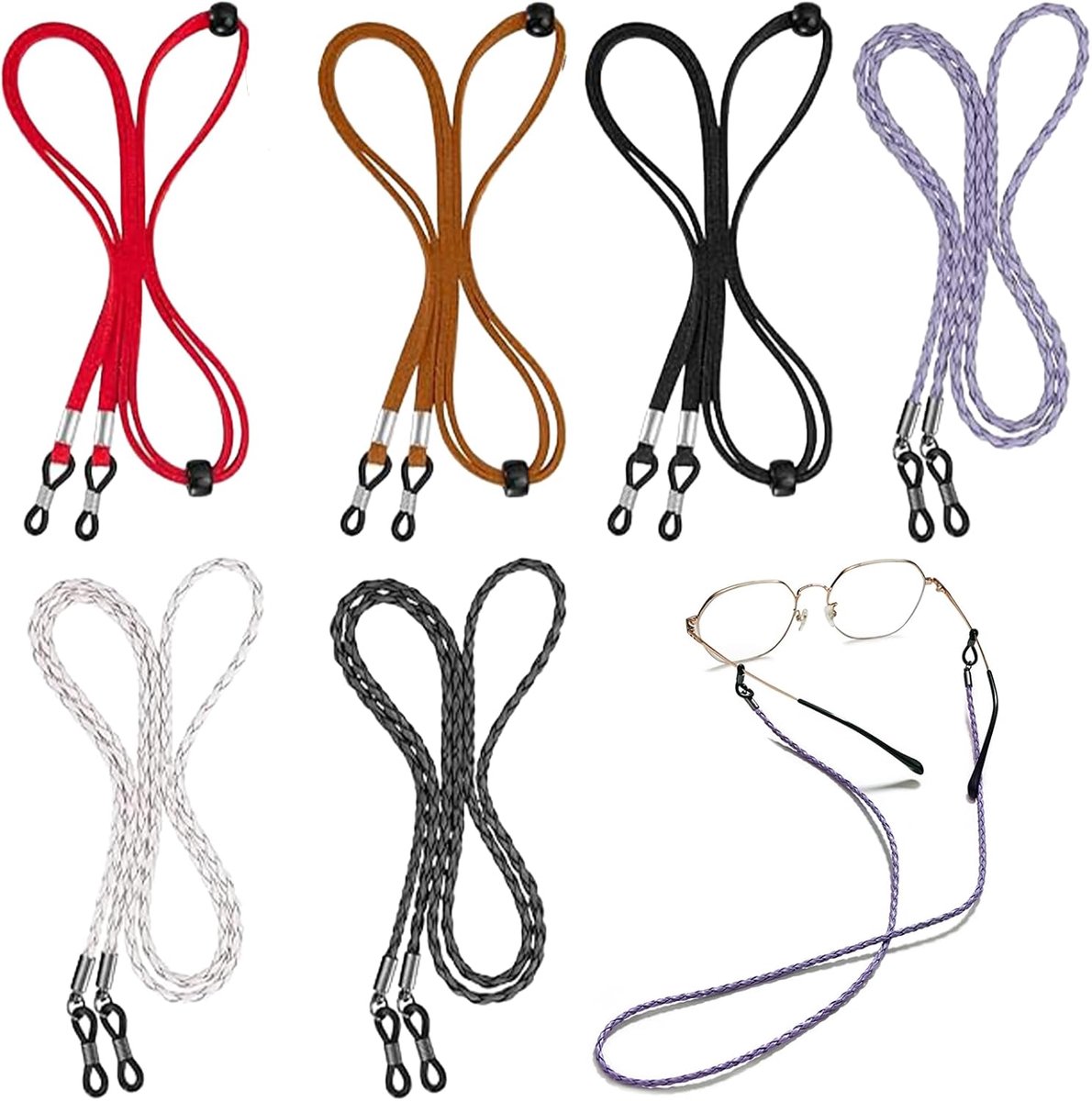 Thijox - 6 Stuks Brillenketting Universeel Antislip Kunstleer Brillenkoord voor Dames en Heren - Robuuste Brilhouder in Rood, Zwart, Lichtbruin, Paars