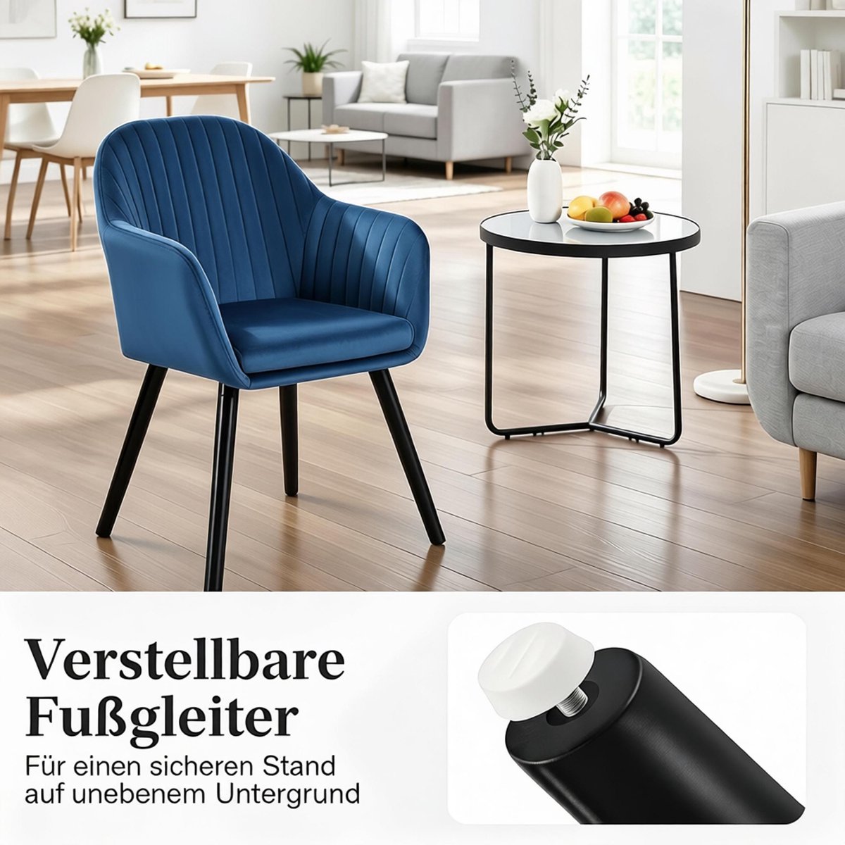 MEUNIQ eetkamerstoel set van 2 met armleuning, velvet zitting, zwart metalen onderstel en houten poten, zithoogte 44 cm, Scandinavische stoel voor eetkamer Blauw