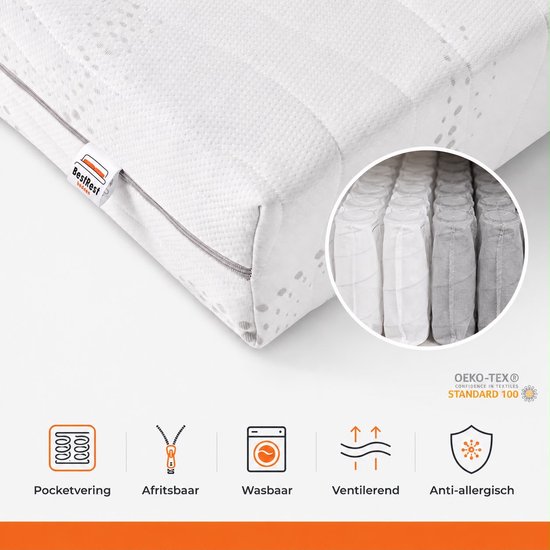 Bestrest Bedden Pocketvering Matras 90x200, HR koudschuim hybrid, 7 zones, circa 25 cm