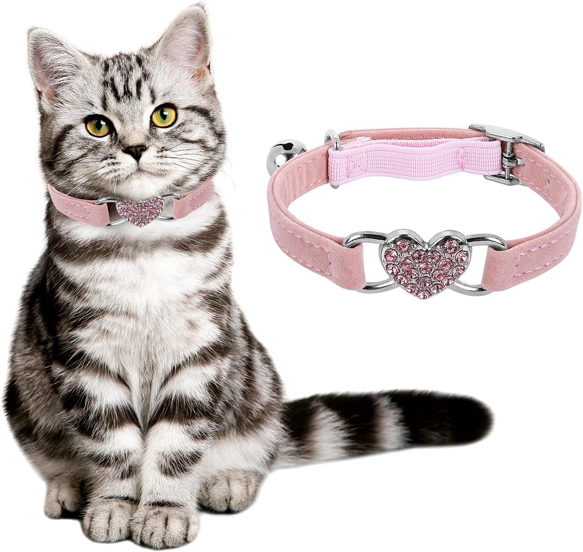 SnelShoppen - Verstelbare Hartvormige Kattenhalsband met Bel - Strass Halsband voor Kleine Katten en Honden - Roze, Veiligheidsriem, 28 cm