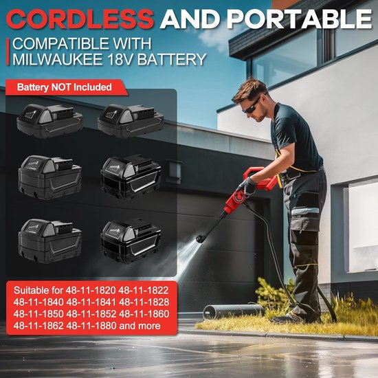 SnelShoppen - Accu-Hogedrukreiniger 80 Bar voor 18V-Accu's, Borstelloze Motor, 6-In-1 Mondstuk, Nylon Behuizing, Debiet 6 L/Min, Ideaal voor Auto, Ter van Snelshoppen — afbeelding 3