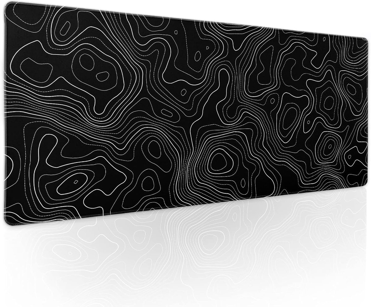 SnelShoppen - Gamer-muismat XL 80x30 cm, Topografische Contouren, Antislip Rubberen Basis, Geografische Kaartlijnen, Genaaide Randen voor Desktop, Zwa