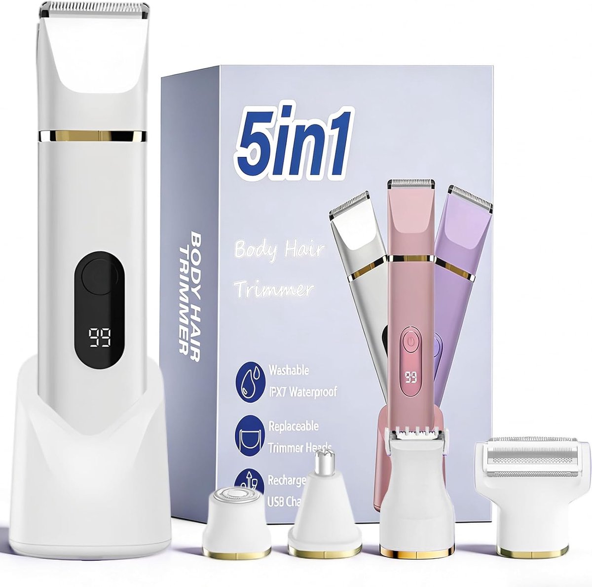 SnelShoppen - 5-in-1 elektrisch scheerapparaat voor dames - intieme trimmer, bikinitrimmer, damesscheerapparaat voor gezicht, benen, oksels - waterdic