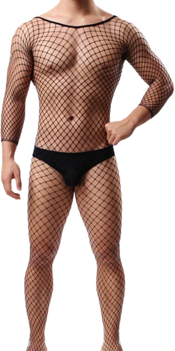 SnelShoppen - Heren Bodystocking, Sexy Visnet Bodysuit, Nylon Catsuit, Hol Jumpsuit, Mat Volledig Lichaam, Panty, Sissy Dessous, Zwart voor Feestjes