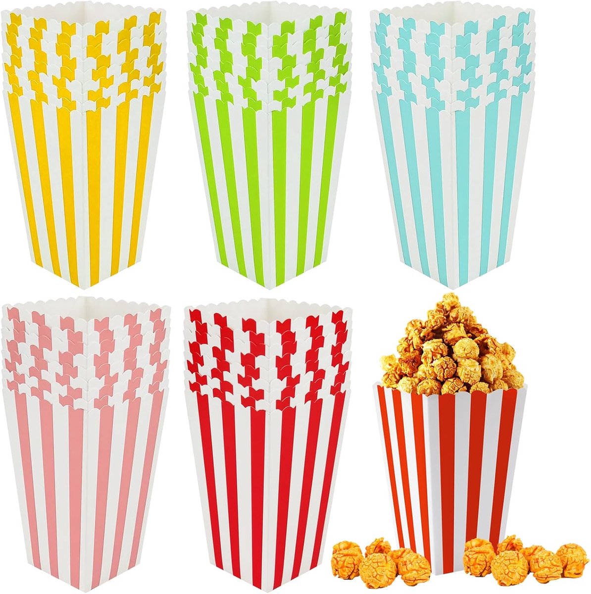 SnelShoppen - 50 Stuks Popcorndozen Kleine in 5 Kleuren - Retro Strepen Karton Popcorn Dozen - Voedselveilig, Lichtgewicht en Duurzaam - Perfect voor