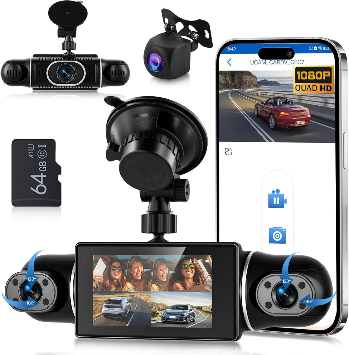 SnelShoppen - 2K Auto Dash Cam 360° met 5 GHz WiFi, 4 Camera's, 8 IR Nachtzicht, 3 Inch IPS Touchscreen, G-sensor, Parkeermonitor, Achteruitrijhulp