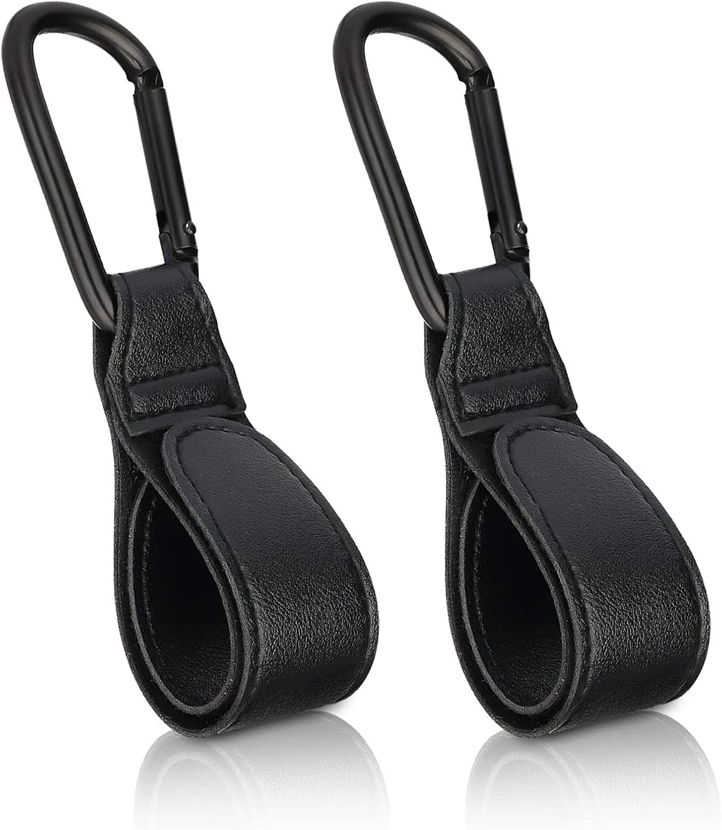 SnelShoppen - Kinderwagenhaakclips 2 stuks - Buggy-clips voor tassen - Zwarte leren dragerhaken - Handige kinderwagenhaken voor rugzak en tas - Perfec