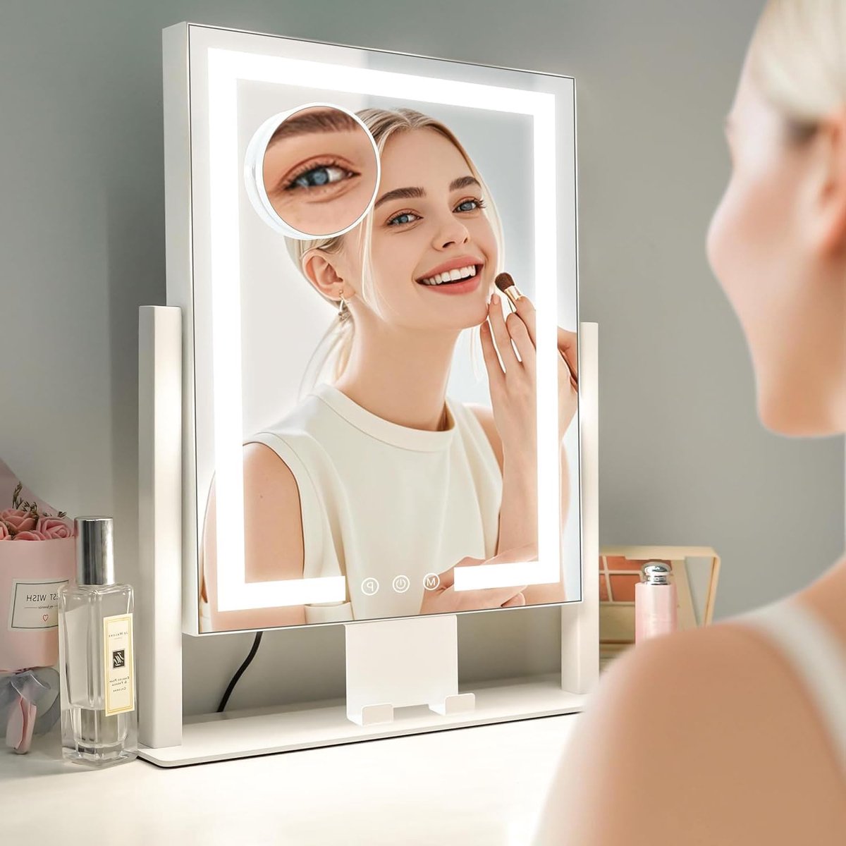 SnelShoppen - Make-up Spiegel met Verlichting en 3 Lichtmodi, Verlicht Kaptafel Spiegel met Aanraaksensor, 360 Draaibaar Metaal Frame, Perfect Cadeau
