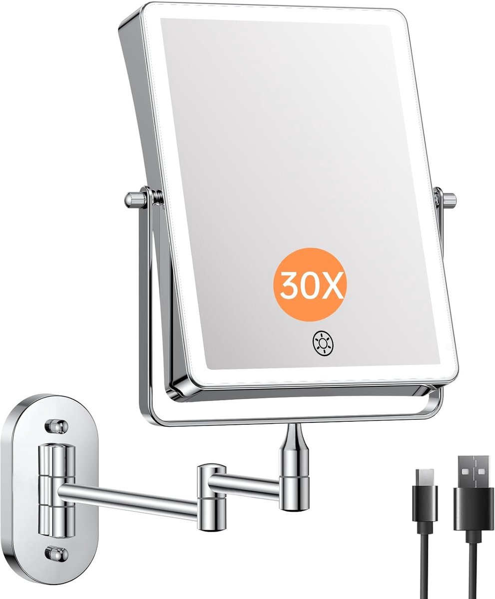 SnelShoppen - Oplaadbare LED Make-up Spiegel 5000mAh met 1-/30X Vergroting, Dimbare Touchschakelaar, 360° Draaibaar, Wandmontage Chroom voor Perfecte