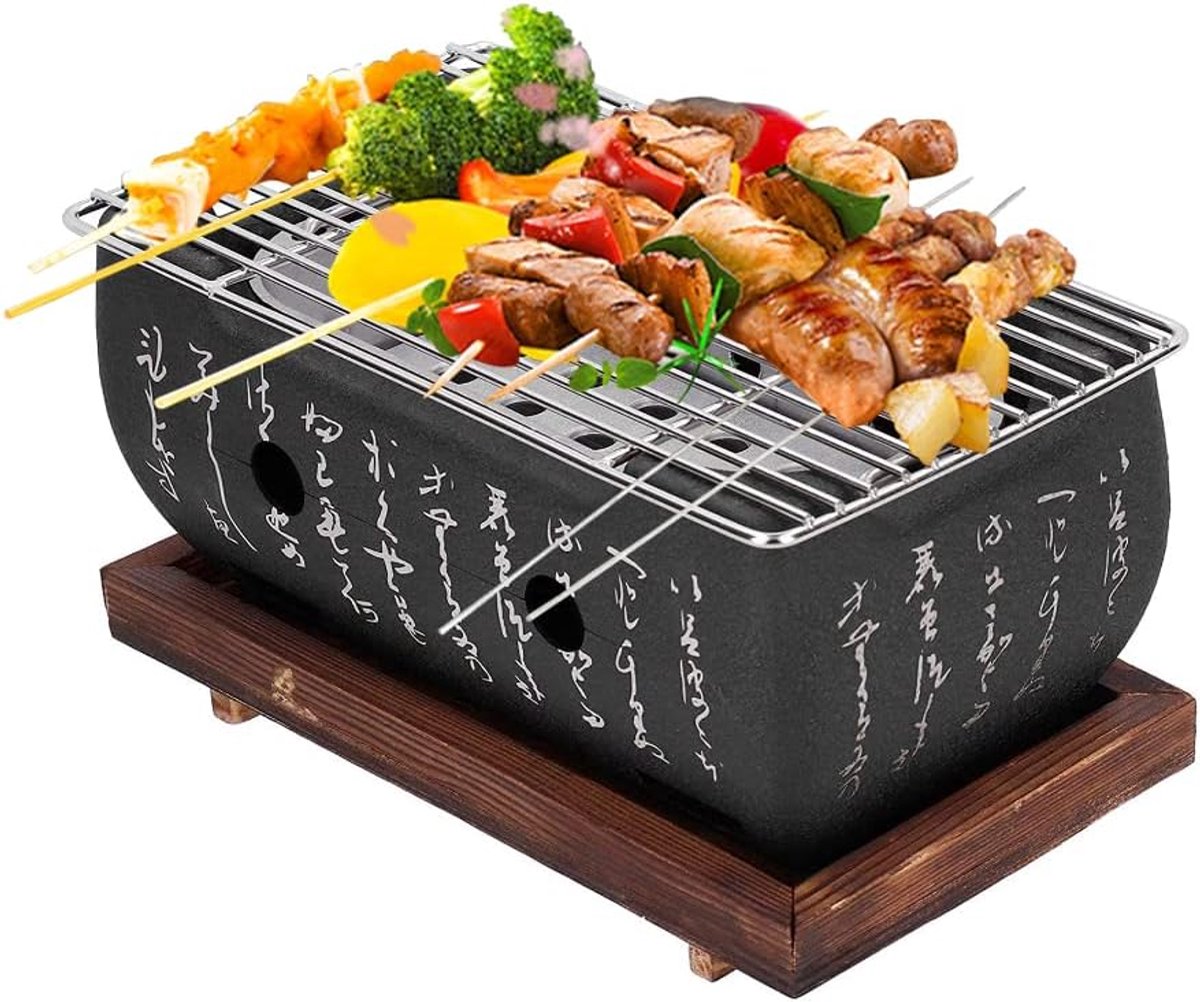 SnelShoppen - Japanse Stijl Barbecue Grill Mini BBQ Houtskool Kachel met Gaas Grill en Houten Basis voor Yakiniku Takoyaki Camping en Tuin