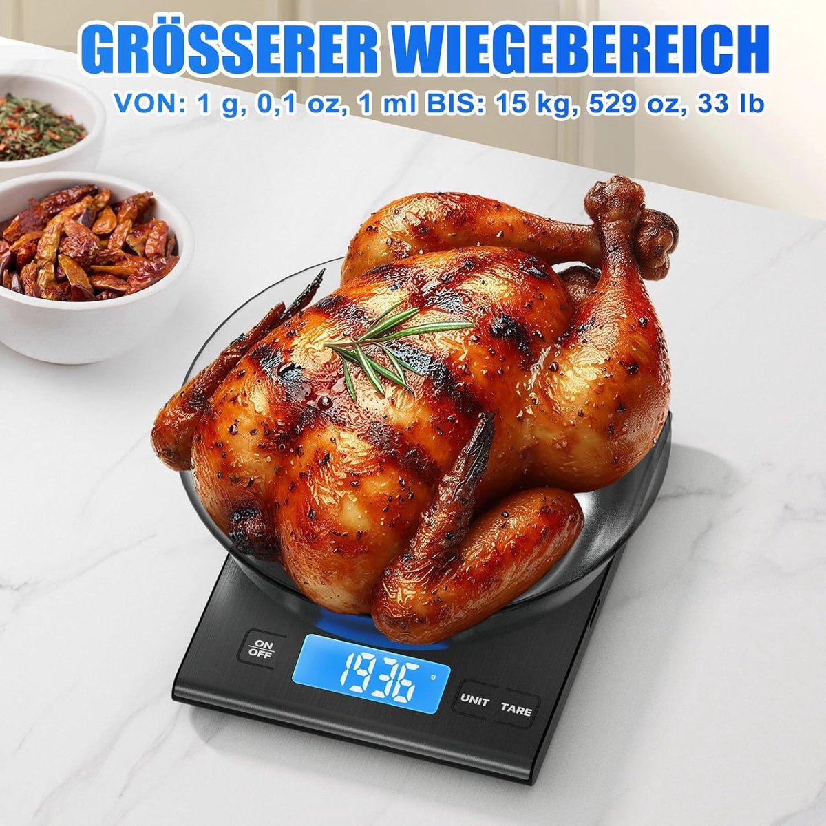 SnelShoppen - Zwarte Keukenweegschaal 15 kg van Roestvrij Staal 304, Digitale Weegschaal met Dual Power, LED-Display, Tarra-Functie, Ideaal voor Bakke