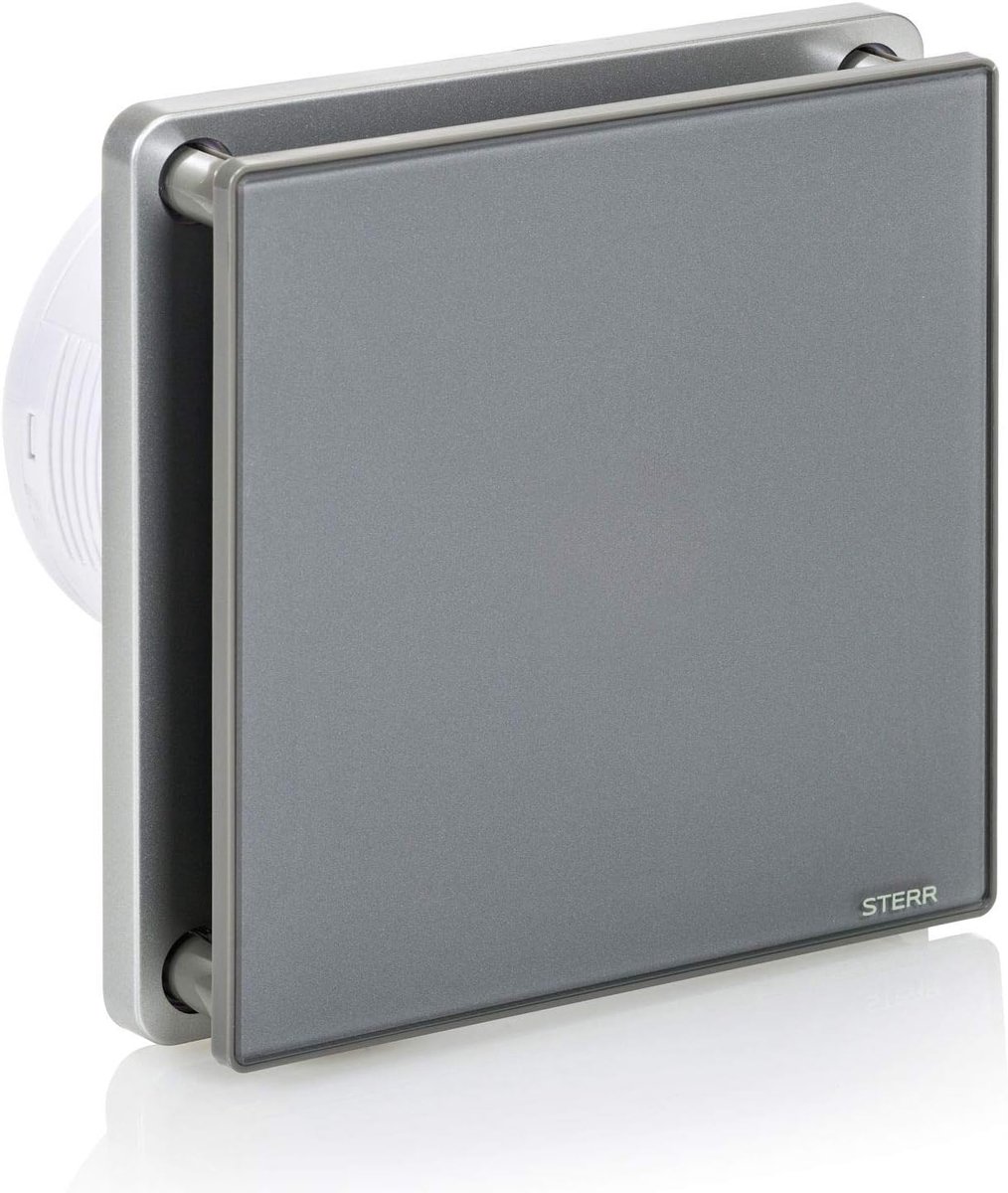 SnelShoppen - STERR Grijze Luchtonttrekker 100mm met Timer - Stille Ventilator voor Badkamer en Ventilatie - Glazen Voorpaneel, Ball Bearing, Check Va