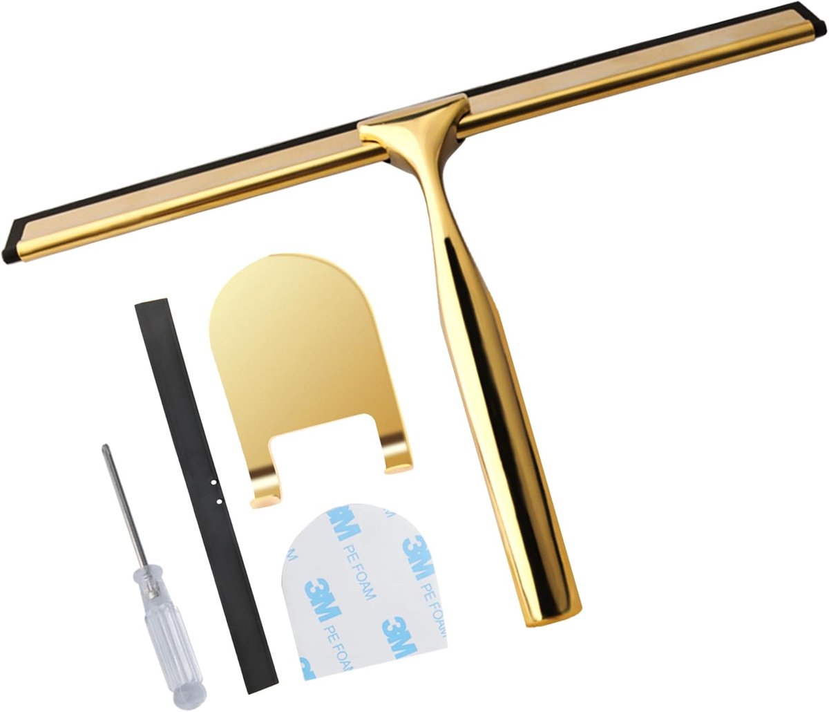 SnelShoppen - Gold RVS Douche Wiper voor Douchedeuren, Badkamer en Glasreiniger, Inclusief 2 Vervangrubbers, Perfect voor Badkamer, Spiegel en Auto