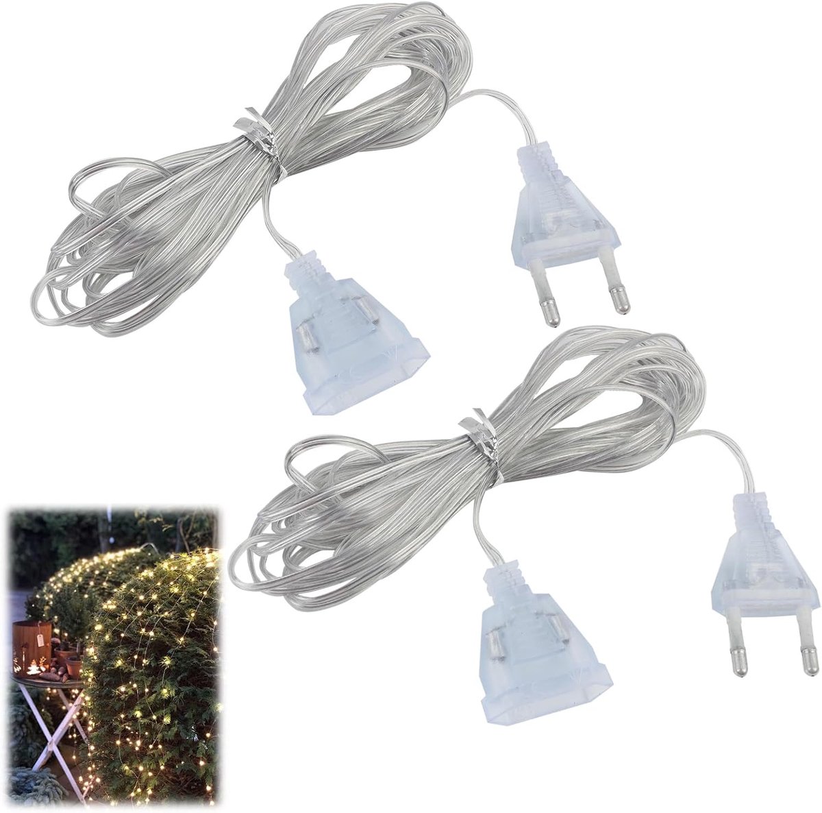 SnelShoppen - Pack van 2 Transparante 5m Verlengkabels 220V EU Plug voor LED Verlichting, Tuin en Buiten, Laag Verbruik, Ideaal voor Camping en Feeste