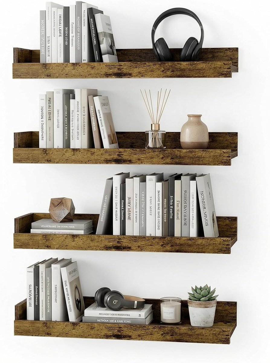 SnelShoppen - Wandplank Set van 4 Stuks, Vintage Bruin, 40 cm, Drijvende Planken van MDF in Houtlook, Ideaal voor Woonkamer, Keuken en Entree