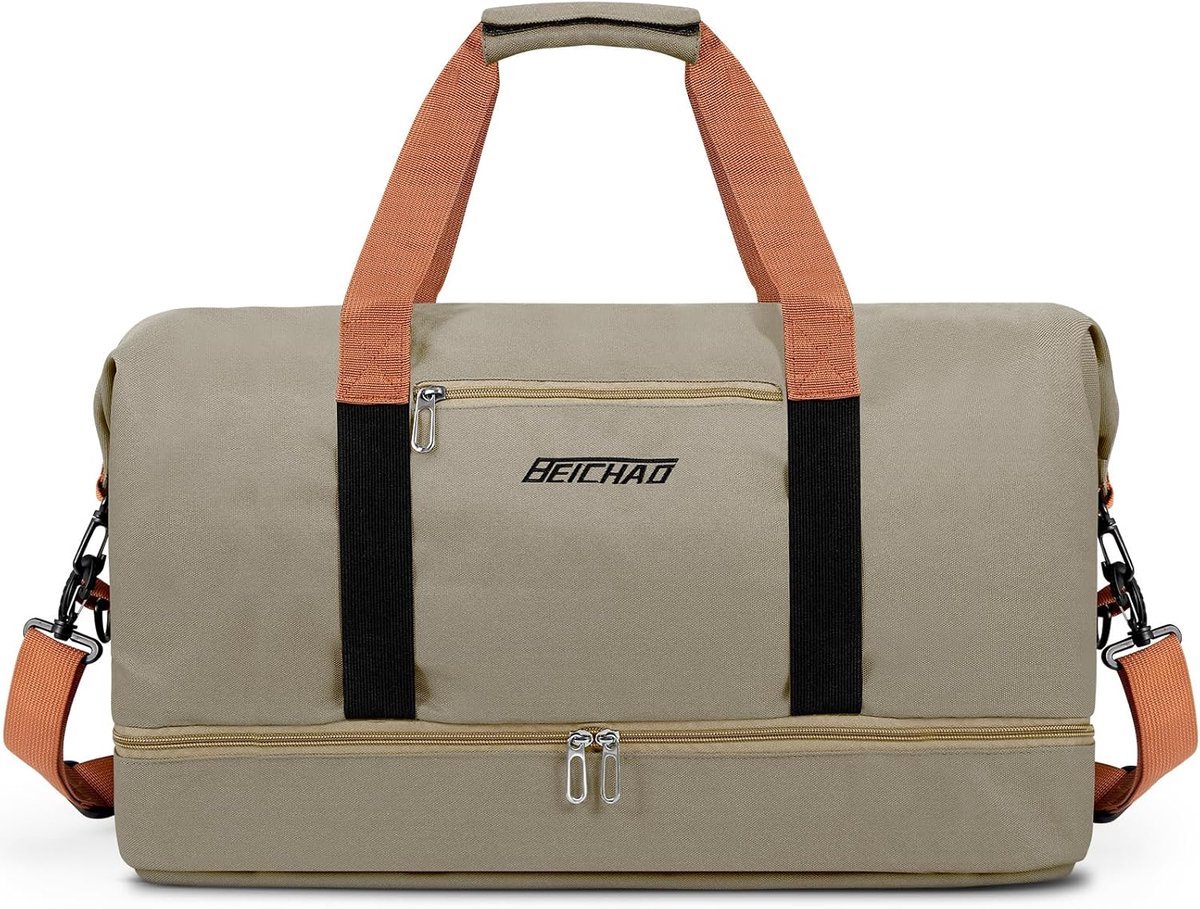 SnelShoppen - 32.2L Sporttas voor Mannen met Schoenenvak en Natvak, Canvas Weekendtas Waterdicht voor Sport en Reizen, Khaki 46x25x28 cm