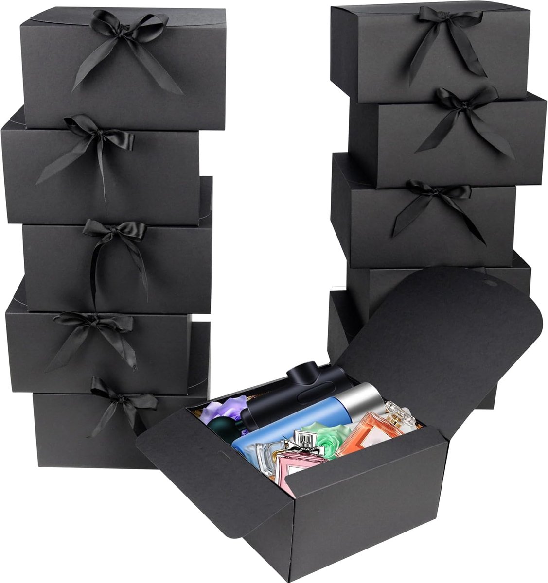 SnelShoppen - 12 Stuks Zwarte Cadeau Dozen met Deksel en Ribbons - 20x20x10cm - Perfect voor Feestdagen, Kerst, Verjaardagen en Huwelijken - Stevige K