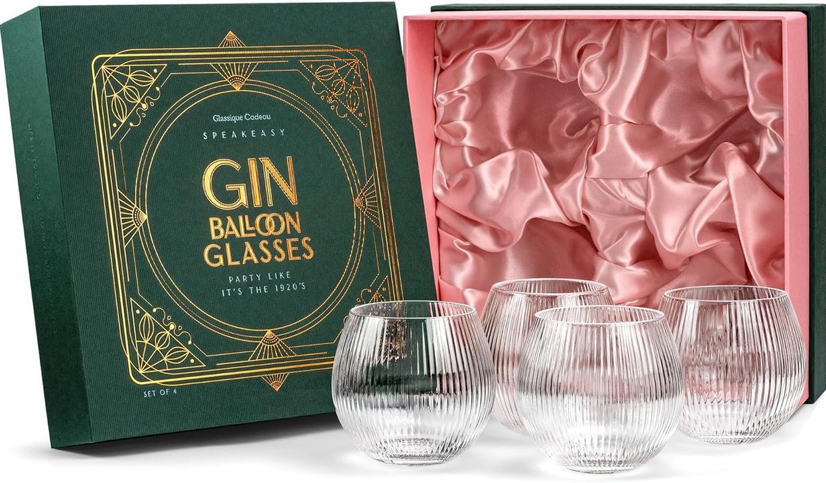 SnelShoppen - Vintage Art Deco Gin & Tonic Balloon Glazen Set van 4 | 400ml Kristallen Cocktail Glazen voor Feest, Retro Geschenk voor Gin Liefhebbers