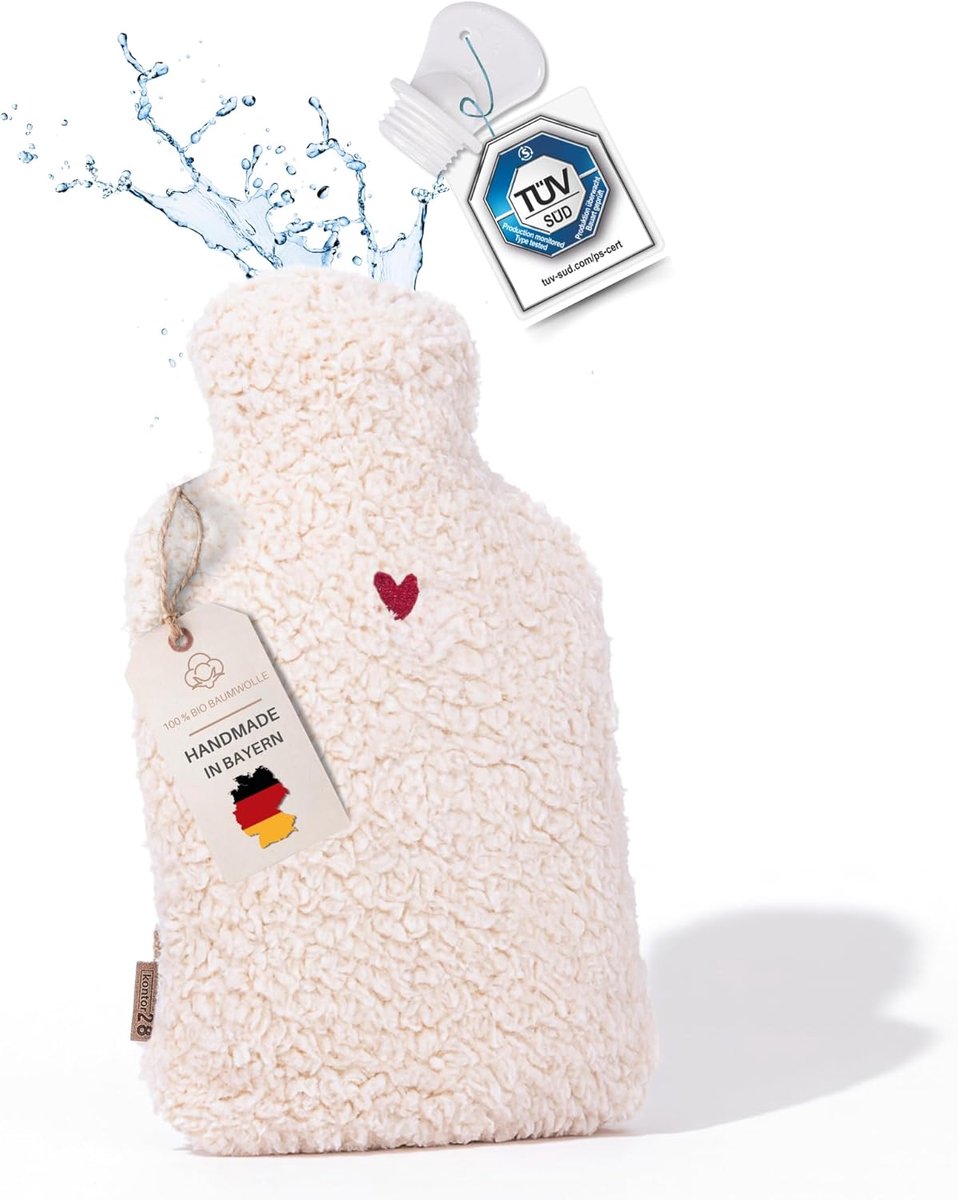 SnelShoppen - Knuffelige TEDDY warmwaterkruik 2,0 liter met superzachte biologische katoenen overtrek, handgemaakt in Duitsland, lekvrij, geurloos, pi