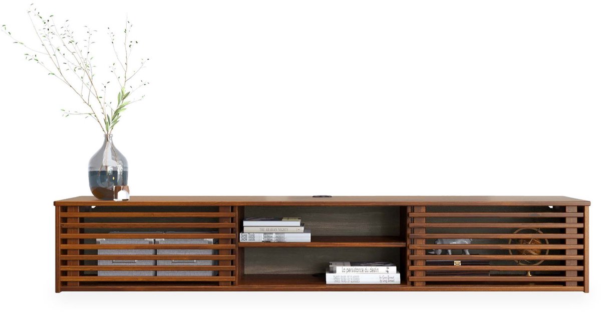 Lowboard RIAN 175 cm, hangend, van massief hout – afwerking in kastanjebruin