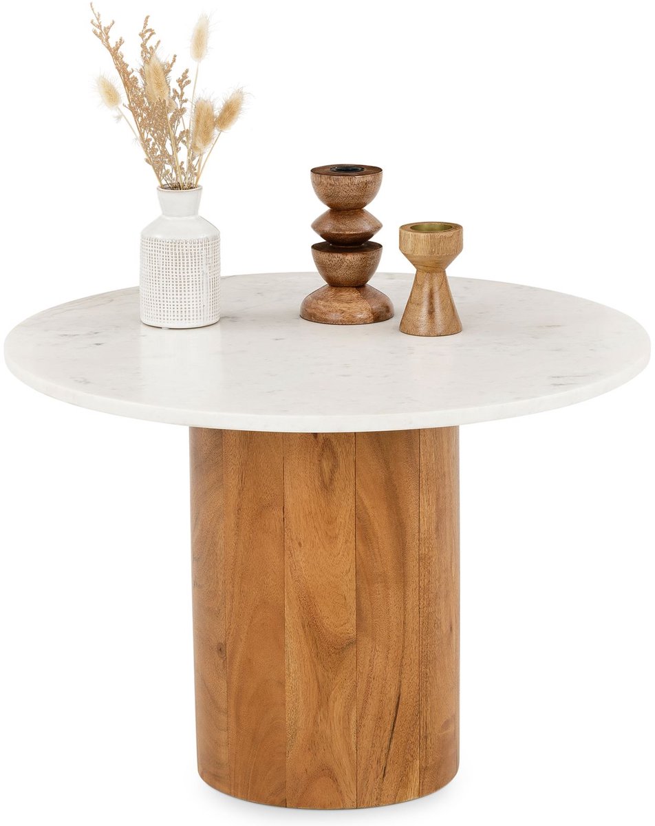 Salontafel YAMUNA, rond, 60 cm, met marmeren blad – wit/naturel